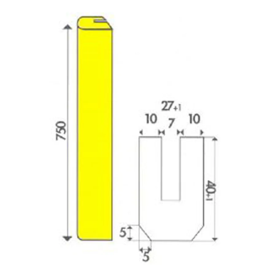 Amortiguador de impactos Amortiflex® para vigas, 75 x 4 x 2,7 cm — Esquema técnico