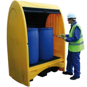 Box de retención de polietileno amarillo con cubeto de 250 litros para 2 bidones — Imagen del producto