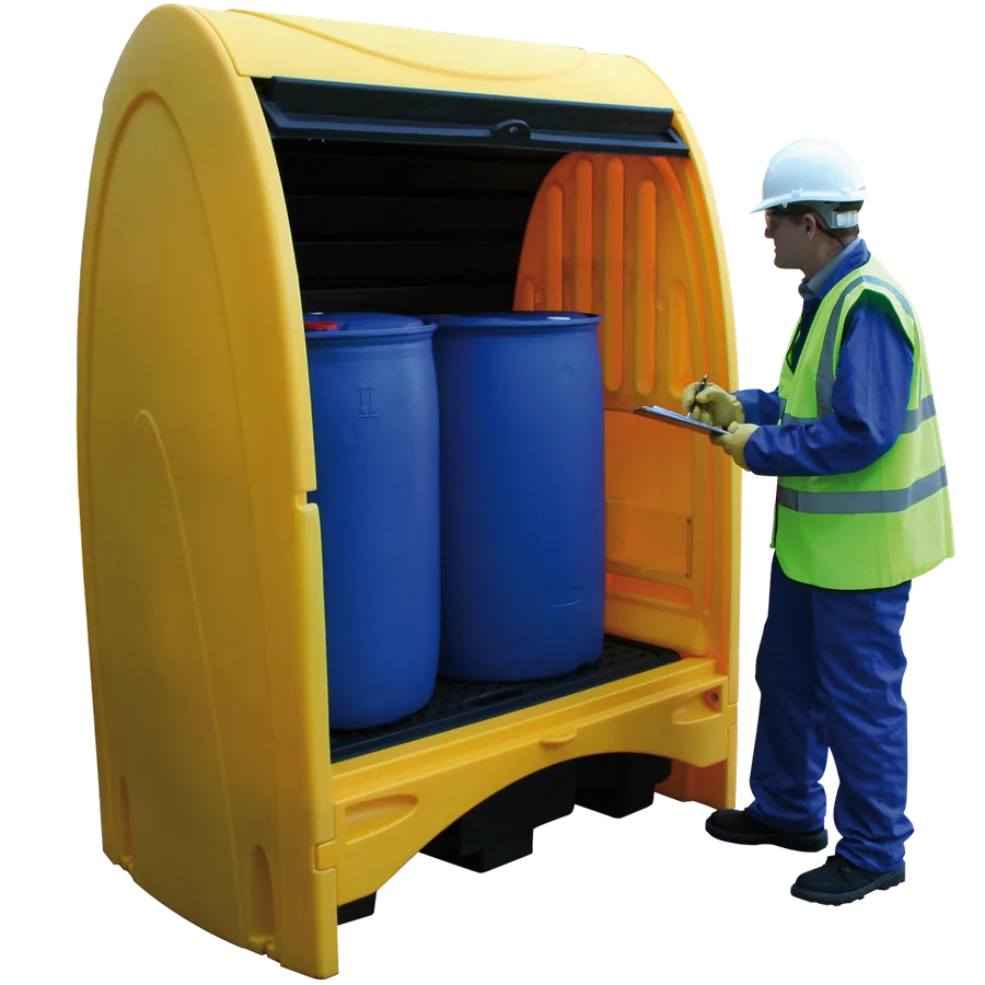 Box de retención de polietileno amarillo con cubeto de 250 litros para 2 bidones — Imagen del producto