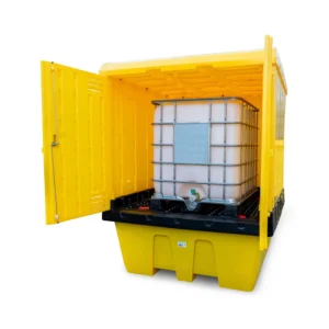 Caja de retención de polietileno amarillo con puertas batientes de 1260 litros para 1 IBC. — Imagen del producto
