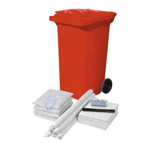 Kit absorbente de productos químicos de 100 litros en contenedor móvil rojo. — Imagen del producto