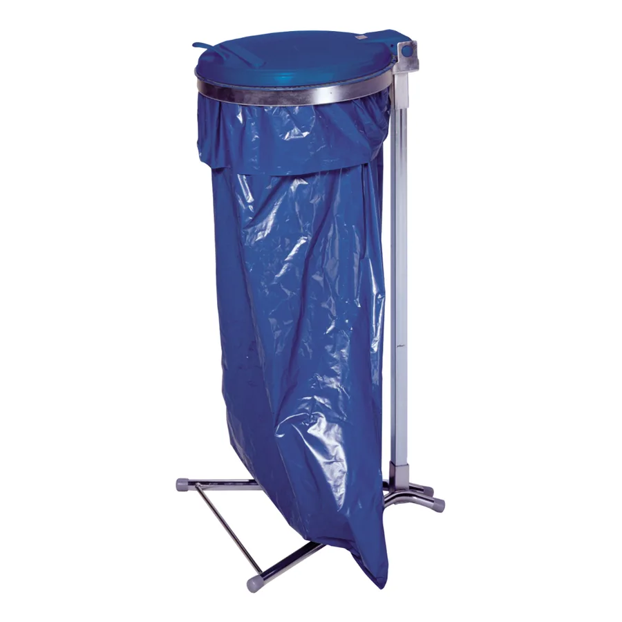 Soporte sobre pie con tapa en PE azul para bolsas de basura de 110 litros — Imagen del producto