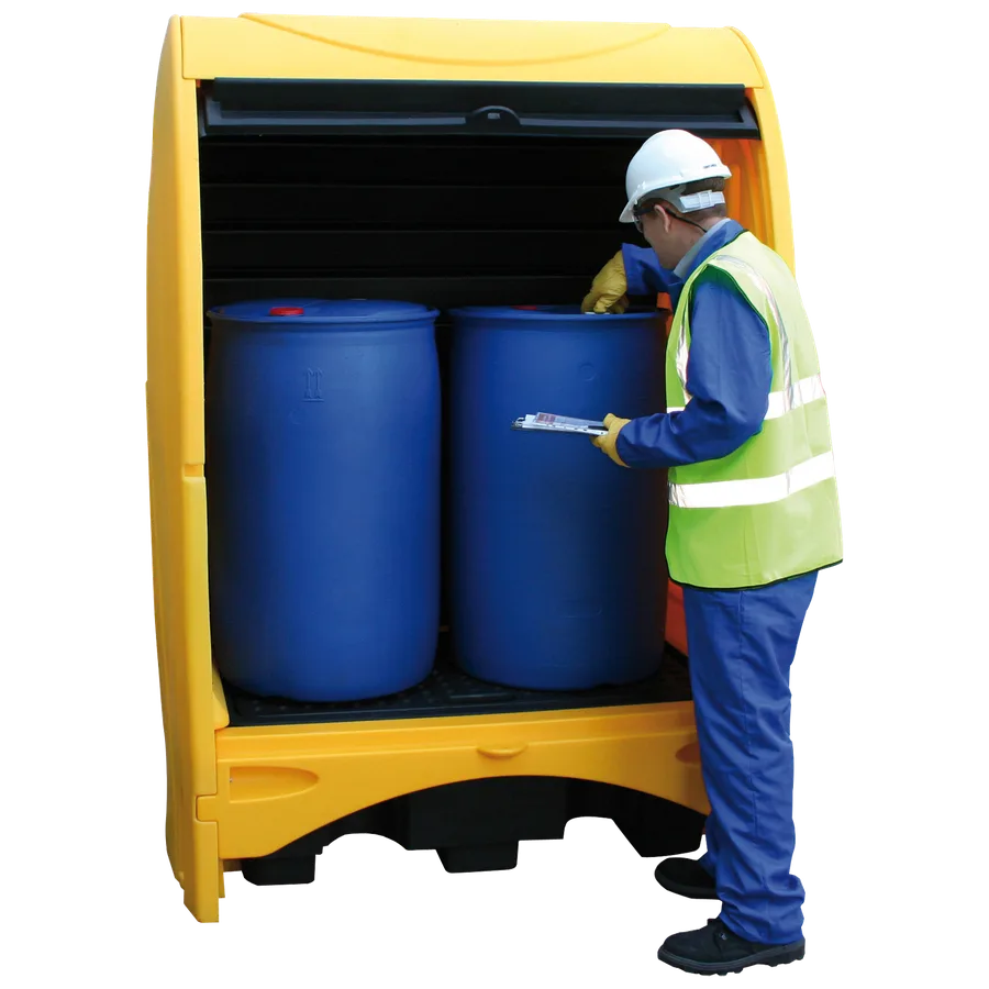 Box de retención de polietileno amarillo con cubeto de 250 litros para 2 bidones — Vista del producto
