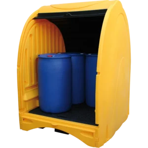 Box de retención de polietileno amarillo con cubeto de 485 litros para 4 bidones — Producto en uso