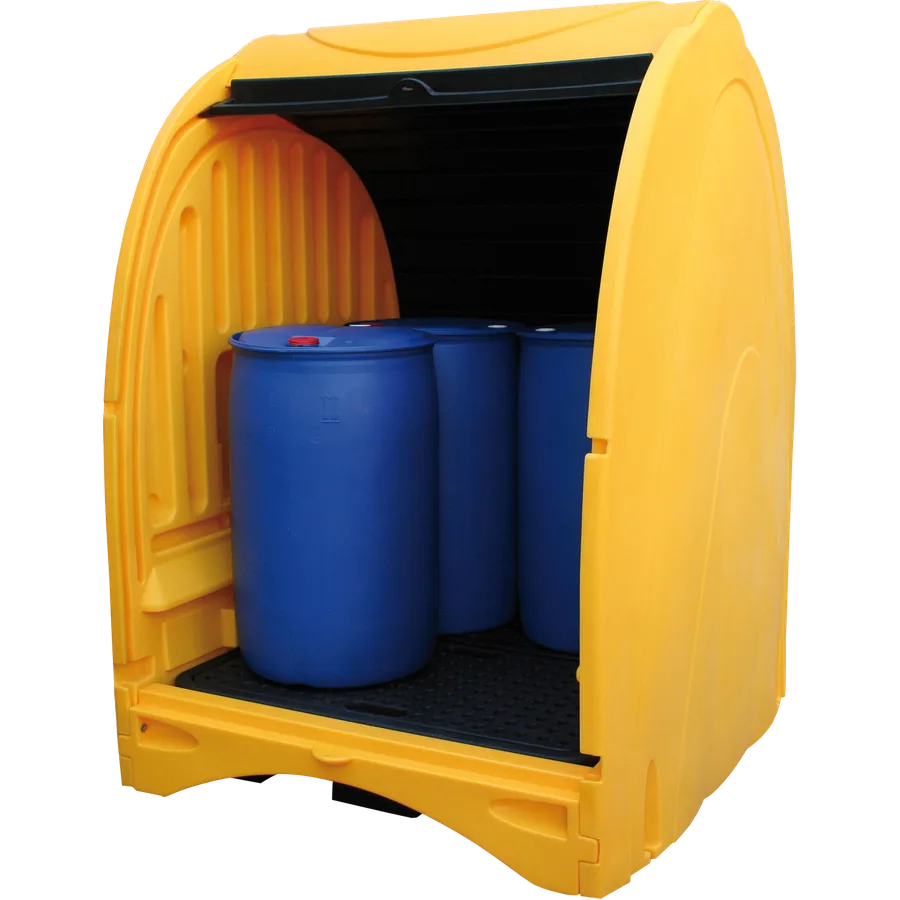 Box de retención de polietileno amarillo con cubeto de 485 litros para 4 bidones — Producto en uso
