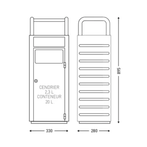 Cenicero exterior de 2L con contenedor de 22L en acero galvanizado, 28x33x90 cm — Esquema técnico