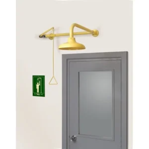 Ducha de seguridad mural sobre puerta con el accionamiento en izquierda y el rociador en ABS — Imagen del producto